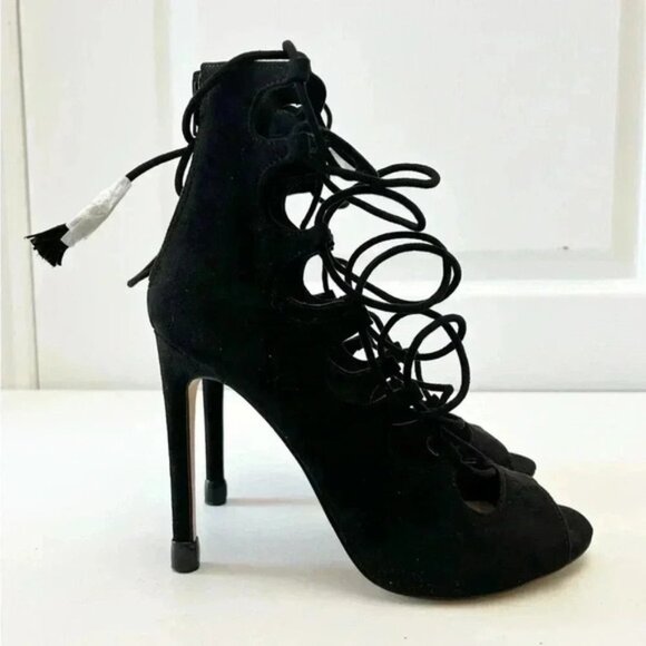 Aldo Sergioa Lace Up Stiletto Heels Peep Toe Black Micro Suede Size 7.5 - Picture 3 of 16